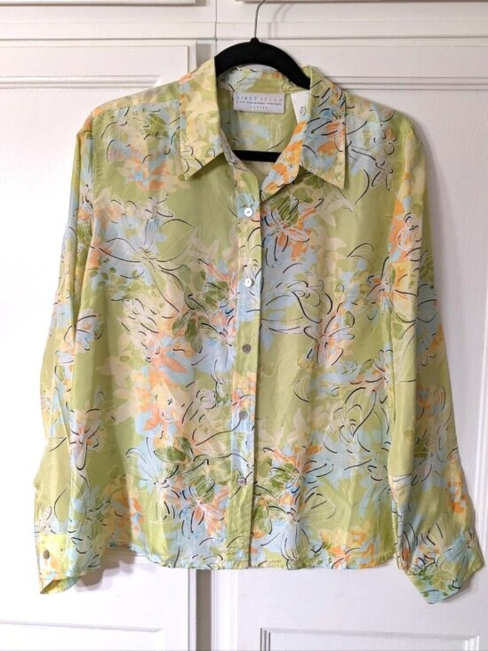NWOT Liz Claiborne 100% Silk Pastel Green Floral Button-Down Shirt XLP